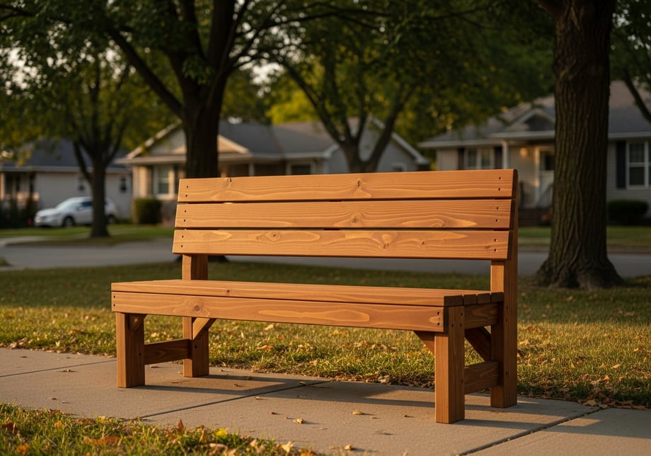 The finished cedar benches and shade canopy installed along Maple Street park, paid for by neighbors.