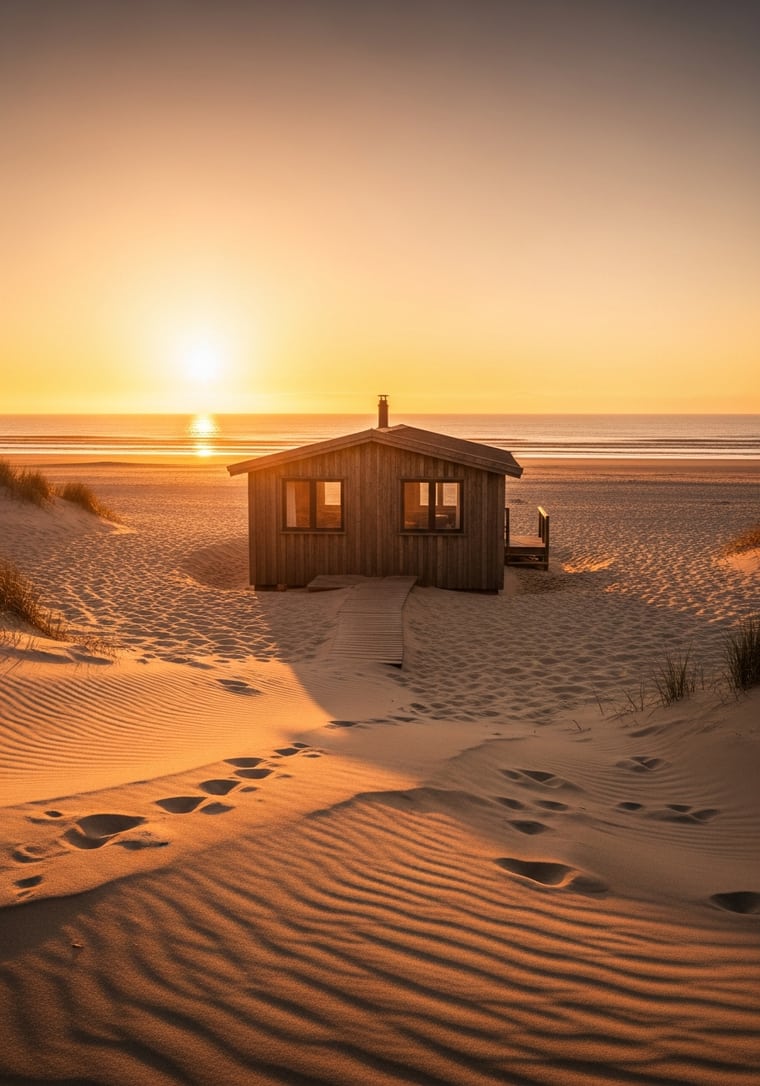 A dune cabin set in the grasses behind a North Sea beach
