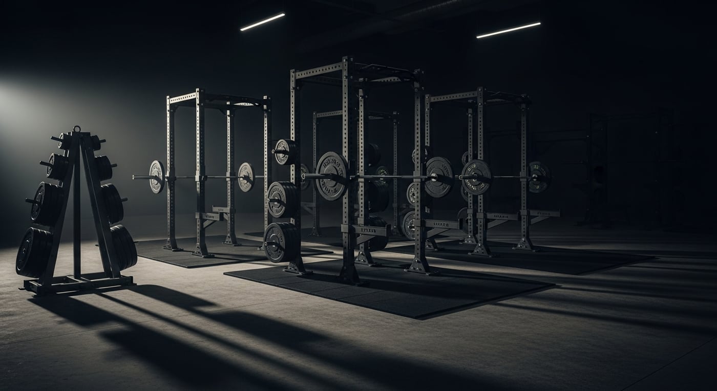 Interior of the Ironside gym floor, racks and barbells under low industrial light