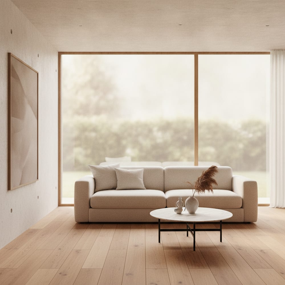 Sunlit minimalist living room with oak floor and pale concrete walls