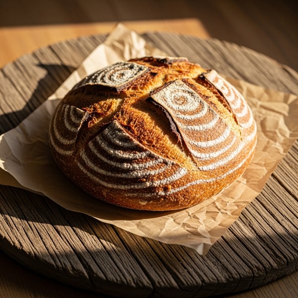 Round country sourdough loaf with a blistered, scored crust