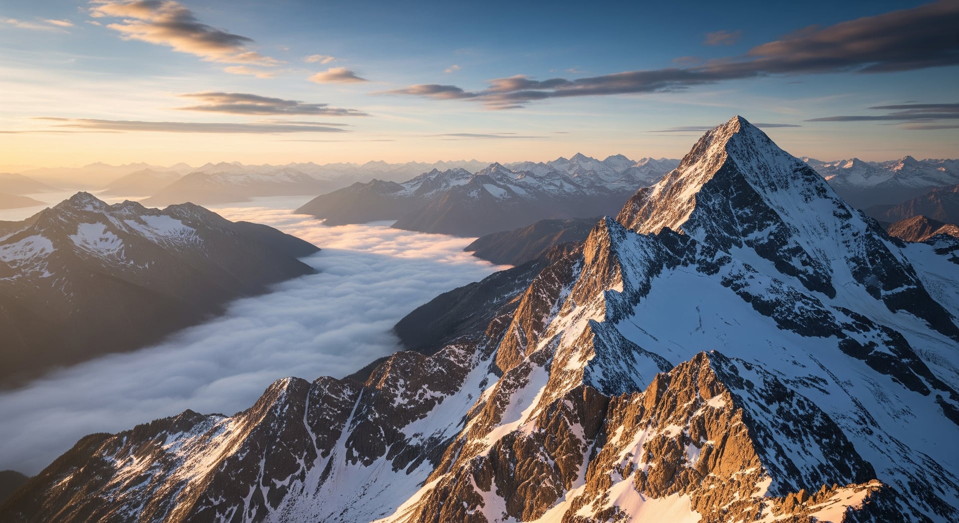 Dramatic alpine peaks at sunrise above a sea of clouds in cold cinematic light
