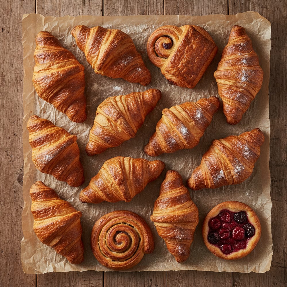 Fresh golden butter croissants and pastries on parchment paper, dusted with flour in soft morning bakery light
