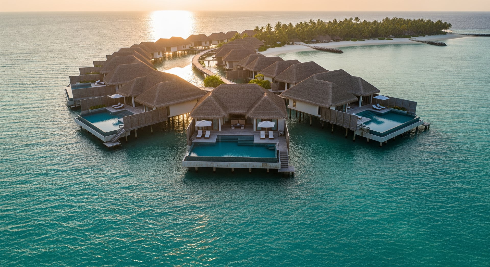 An overwater villa with a turquoise infinity pool at golden hour on a private island