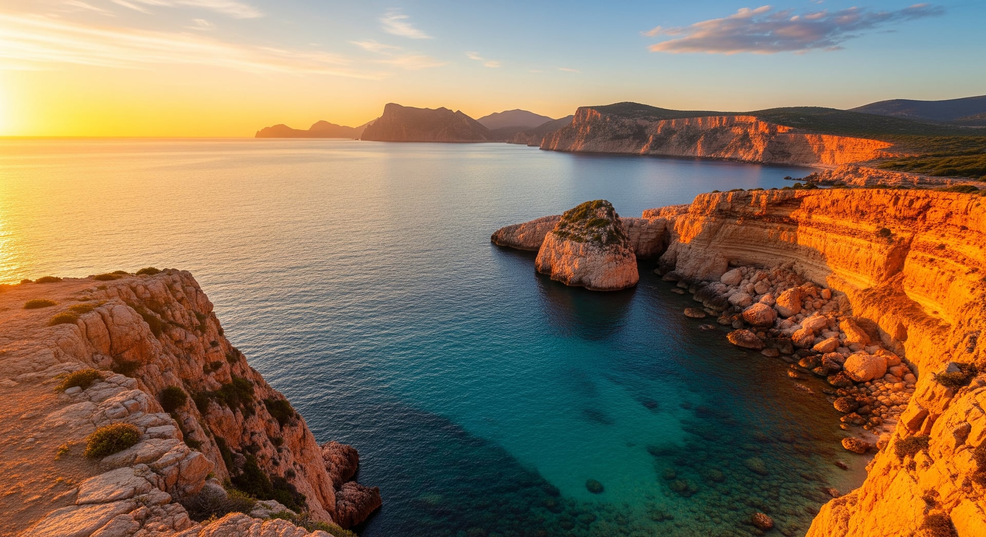 A warm coastline at golden hour, the sun low over teal water